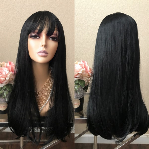 22'' Black straight wig with bang  | Little Wig Museum alopeica cancer chemo wig cosplay party Handmade wigs Glueless Wigs