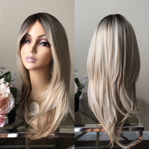 22'' dark root ombre blonde synthetic wig  | Little Wig Museum,luxury wig,hairloss, alopeica chemo wig, cosplay costume wig Handmade wigs