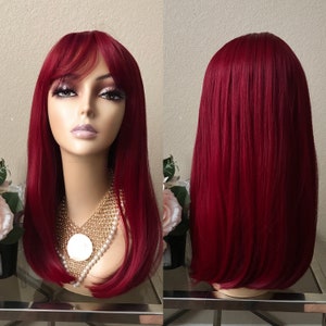 18'' "Scarlet" Burgundy Wine Red Straight Wig With Bang   | Little Wig Museum , witch wigChristmas gifts for women Handmade wigs
