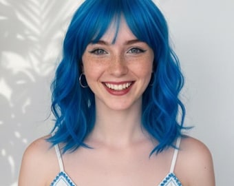 Blue Bob Wig with Bangs, Synthetic Heat Friendly 14 inches
