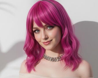 Pink Bob Wig with Bangs and Purple Highlights | Heat-Friendly Fiber 14 inches