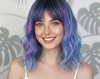 Blue and Purple Bob Wig with Bangs, Heat Friendly Synthetic Wavy Hair 14 inches