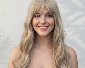 26 Inches Highlight Blonde Wavy Wig with Bangs Heat Resistant Comfort Cap