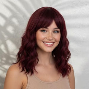 Burgundy Bob Wig With Bangs, Wine Red, Heat Resistant Synthetic 14 Inches