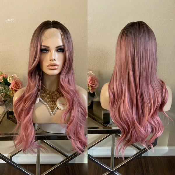 Rosa 26'' dark root pink lace front synthetic wig | Little Wig Museum alopeica chemo wig, cosplay Handmade wigs Glueless Wigs