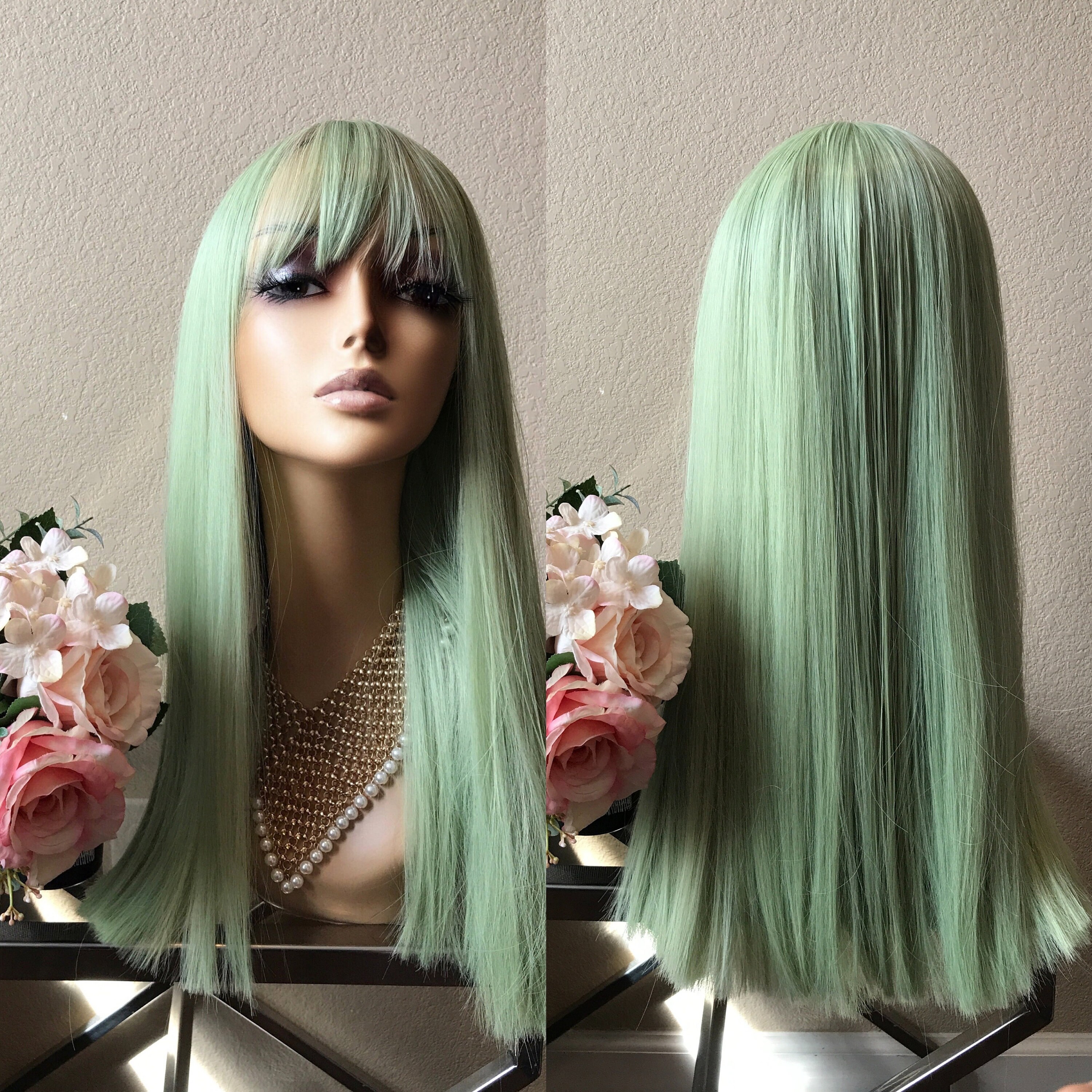 20‘’ Green Straight Synthetic wig with bang Cosplay Wigs, Halloween