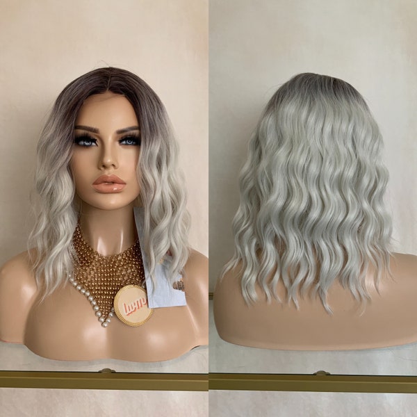 14'' lace front dark root silver synthetic wig | Little Wig Museum cosplay party fun costume wig Handmade wigs Glueless Wigs