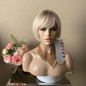 10'' korte ombre platinablonde synthetische pruik | Chemische pruik Little Wig Museum, cosplay Handgemaakte pruiken Lijmloze pruikencadeau voor moeder