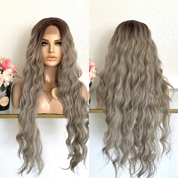 32'' extra long ashy blonde highlight lace front synthetic wig | Little Wig Museum hairloss, alopeica chemo wig, cosplay wig Glueless Wigs