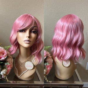 12'' bob pink wig with bang | Little Wig Museum short wig  pink wig party wig fun wig Glueless Wigsgift for mom