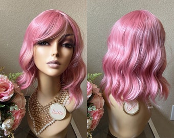 12'' bob pink wig with bang | Little Wig Museum short wig  pink wig party wig fun wig Glueless Wigs