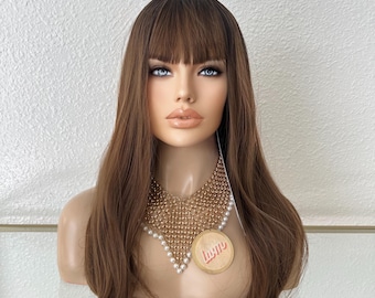 Straight Brown Wig with Bangs Heat Resistant Comfort Cap 22 Inches