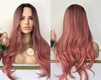 28'' ombre dark root pink wavy wig middle parted | Little Wig Museum pink wigs alopeica chemo wig, cosplay Handmade wigs Glueless Wigs