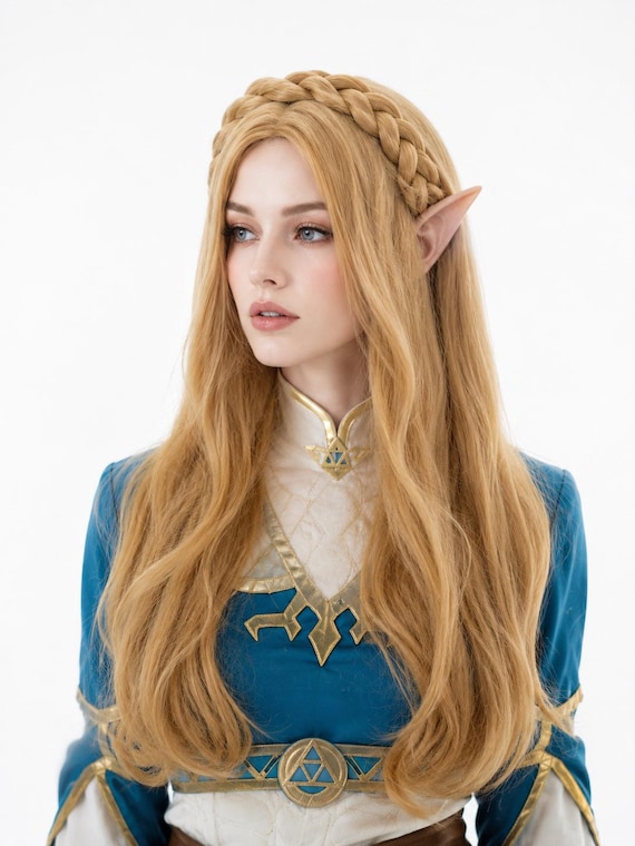 Princess Zelda Wig with Elf Ears, Blonde Braided Cosplay Costume Wig