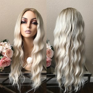 26'' ombre platinum blonde wavy synthetic wig | Little Wig Museum hairloss, alopeica chemo wig, cosplay Handmade wigs Glueless Wigs