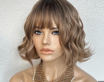 Mushroom Brown Short Bob Wig with Bangs Heat Resistant  12 Inches