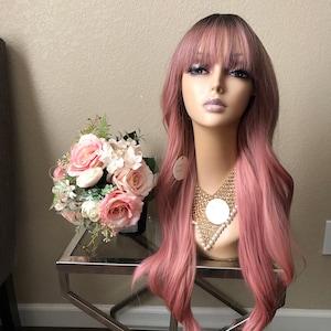 28&#39;&#39; ombre dark root pink wavy wig with bang | Little Wig Museum hairloss, alopeica chemo wig, cosplay Handmade wigs Glueless Wigs