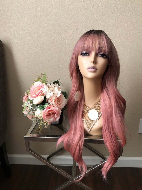 28'' Ombre Dark Root Pink Wavy Wig With Bang Little Wig Museum