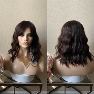 14'' dark brown bob wig with bang synthetic   | Little Wig Museum hairloss, alopeica chemo wig, cosplay Handmade wigs Glueless Wigs