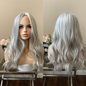 22'' Salt & Pepper Platinum Blonde Synthetic Wig  | Little Wig Museum hairloss, alopeica chemo wig Handmade wigs Glueless Wigs