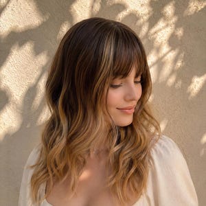 May include: A shoulder-length wig featuring dark brown roots that transition into lighter golden blonde ends, styled with soft waves and straight-cut bangs. The hair is layered to frame the face, showcasing a multi-tonal color gradient.
