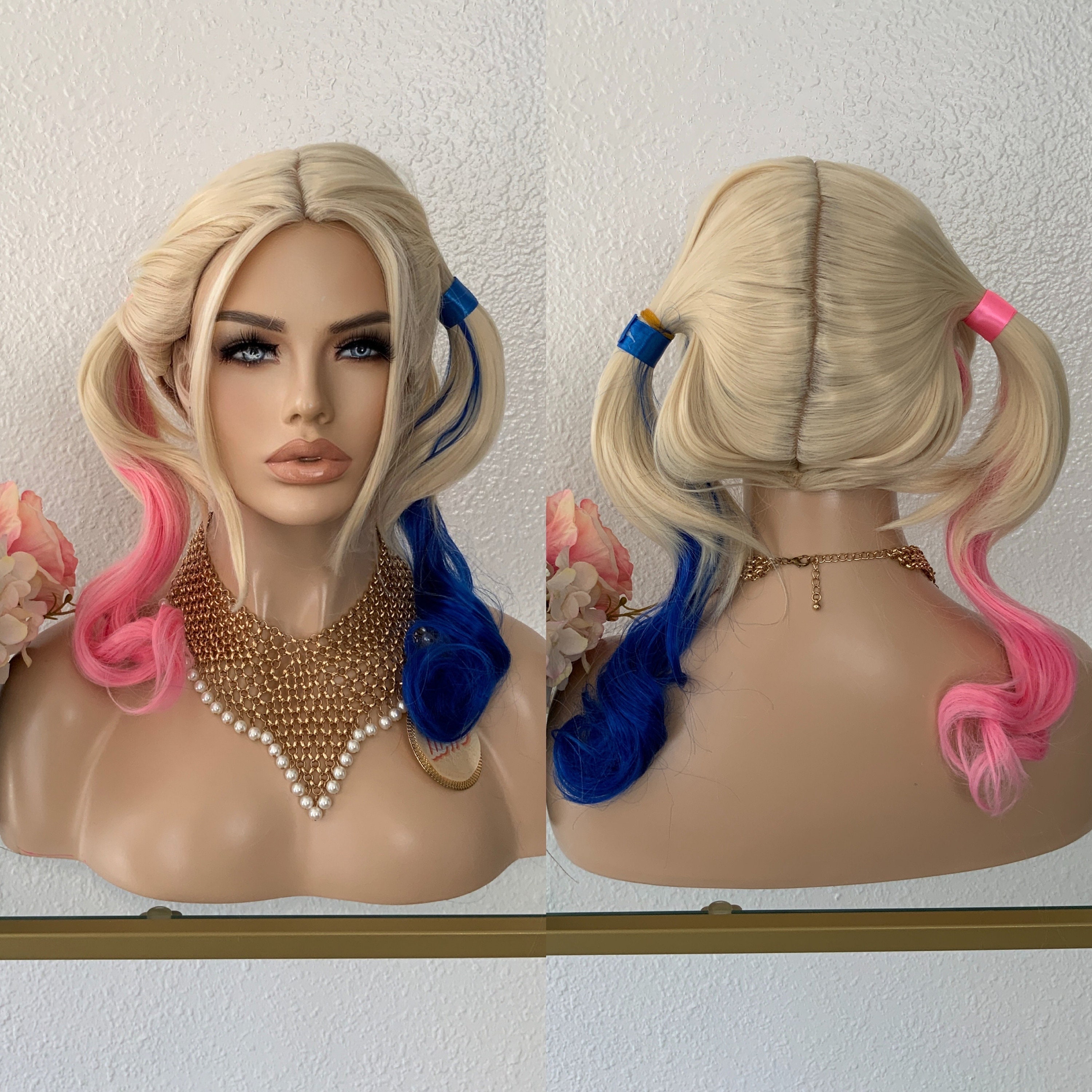 Harley Quinn Halloween-kostuumpruik, roze en blauwe pruik Suicide Squad | Little Wig Museum-cosplaypruik Lijmloze pruiken
