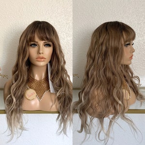 24'' brown highlight wavy synthetic wig with bang  | Little Wig Museum hairloss, alopeica chemo wig, cosplay Handmade wigs Glueless Wigs