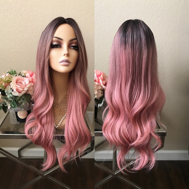 28'' ombre dark root pink wavy wig  | Little Wig Museum alopeica chemo wig, cosplay | Halloween Costumes, Halloween wigs pink wig 