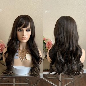 22'' caramel balayage brown synthetic wig with bang Little Wig Museum,luxury wig,hairloss, alopeica chemo wig Handmade wigs Glueless Wigs image 9