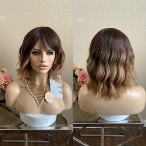 14'' Ombre brown wavy bobo wig with bang synthetic   | Little Wig Museum hairloss, alopeica chemo wig, cosplay Handmade wigs Glueless Wigs