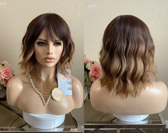 14'' Ombre brown wavy bobo wig with bang synthetic   | Little Wig Museum hairloss, alopeica chemo wig, cosplay Handmade wigs Glueless Wigs