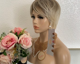 Pixie cut ombre platinum blonde Synthetic Wig  | Little Wig Museum hairloss, alopeica chemo wig, cosplay costume wig Glueless Wigs