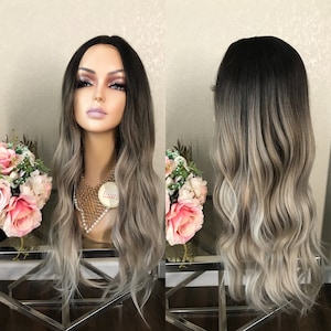 24'' ombre dark root ash brown Synthetic Wig | Little Wig Museum alopeica chemo wig, cosplay Handmade wigs Glueless Wigs