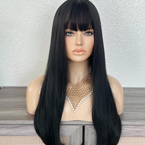 Jet Black Straight Wig with Bangs – Heat Resistant Synthetic Comfort Cap 26 inches