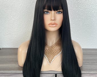 Jet Black Straight Wig with Bangs – Heat Resistant Synthetic Comfort Cap 26 inches