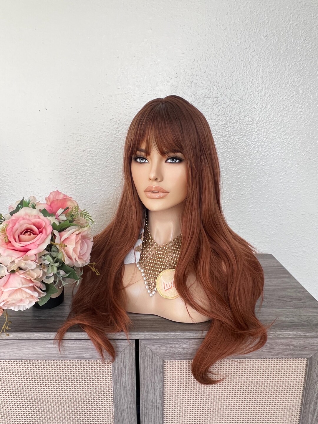 24 Inches Auburn Wavy Wig With Bangs | Copper-red Synthetic  display picture 3