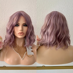 Halloween Costume wig 12'' lavender purple ombre wig with bang | Little Wig Museum alopeica chemo wig, cosplay Handmade wigs Glueless Wigs