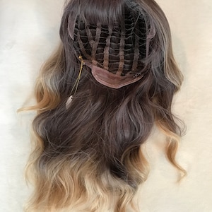 22'' caramel balayage brown synthetic wig with bang Little Wig Museum,luxury wig,hairloss, alopeica chemo wig Handmade wigs Glueless Wigs image 6