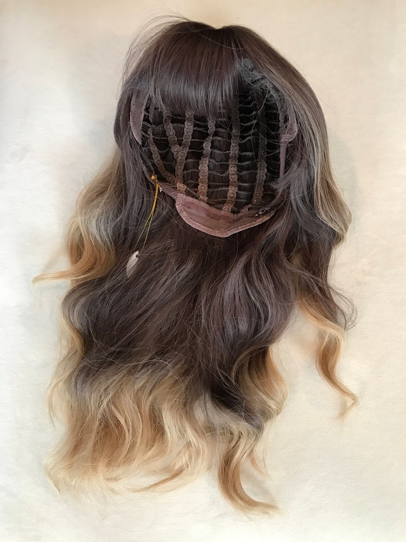 22'' caramel balayage brown synthetic wig with bang Little Wig Museum,luxury wig,hairloss, alopeica chemo wig Handmade wigs Glueless Wigs image 6