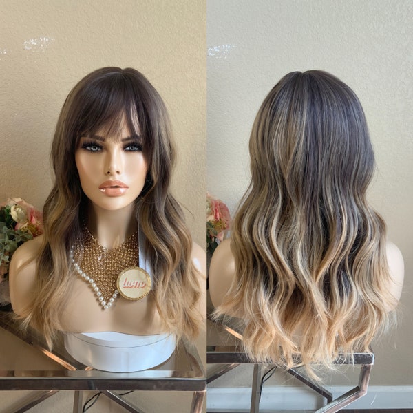 22'' caramel balayage brown synthetic wig with bang  | Little Wig Museum,luxury wig,hairloss, alopeica chemo wig Handmade wigs Glueless Wigs