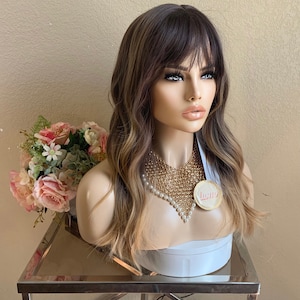 22'' caramel balayage brown synthetic wig with bang Little Wig Museum,luxury wig,hairloss, alopeica chemo wig Handmade wigs Glueless Wigs image 2