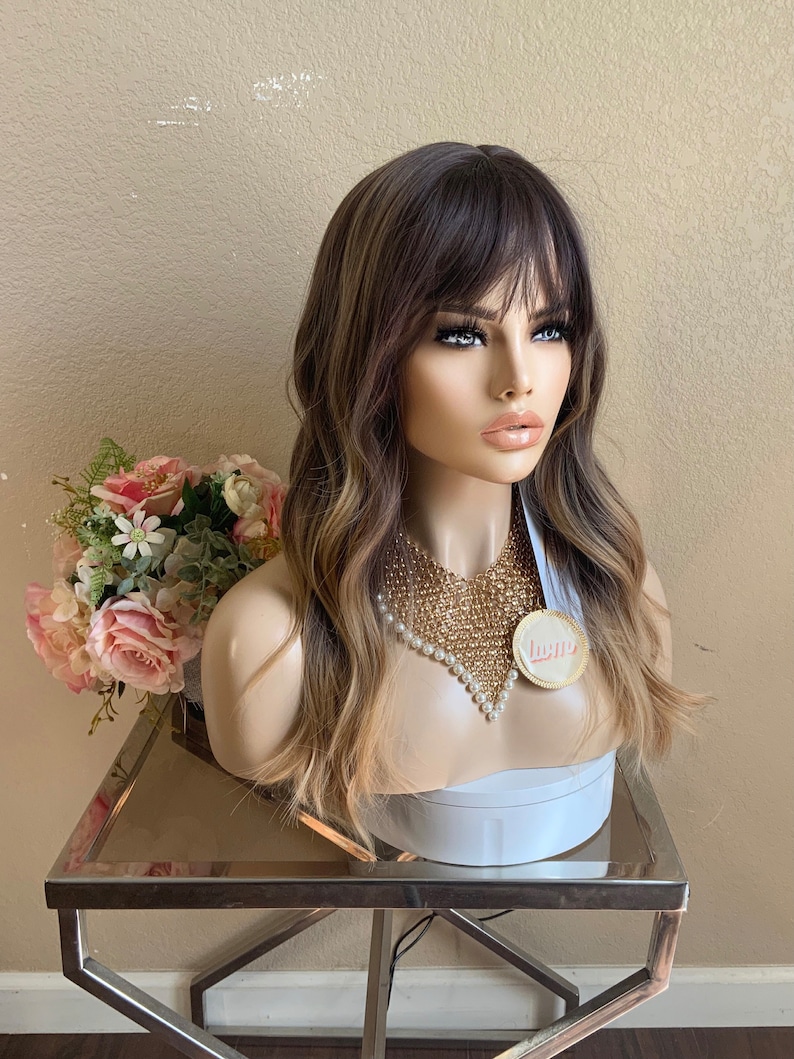 22'' caramel balayage brown synthetic wig with bang Little Wig Museum,luxury wig,hairloss, alopeica chemo wig Handmade wigs Glueless Wigs image 2