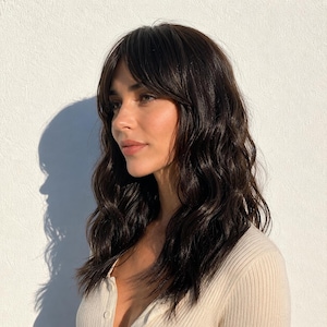 Dark Brown Wavy Wig with Bangs Heat Resistant Synthetic