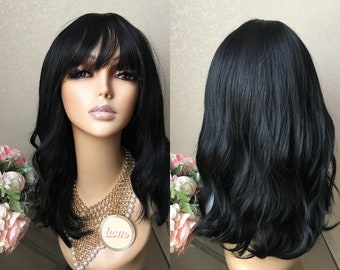 18‘’ #1B black synthetic wig with bang | Little Wig Museum  party wig women wig cosplay wig Handmade wigs Glueless Wigs