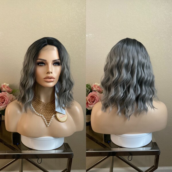 Koln -14'' lace front ombre dark root gray bobo synthetic wig  | Little Wig Museum hairloss, alopeica chemo wig Handmade wigs Glueless Wigs