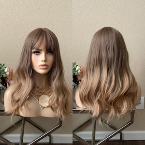 20'' Ombre Brown Wavy Synthetic Wig with bang  | Little Wig Museum,luxury wig,hairloss, alopeica chemo wig, cosplay Handmade wigs