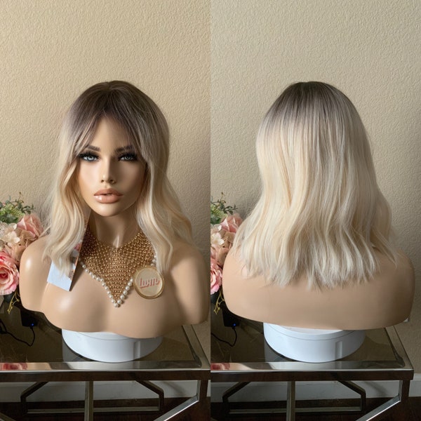 14'' dark root blonde wig with bang synthetic | Little Wig Museum hairloss, alopeica chemo wig, cosplay Handmade wigs Glueless Wigs