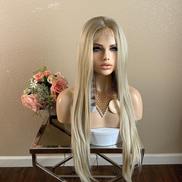 28 Inches Dark Root Blonde Straight Lace Front Wig Heat Resistant “ Helsinki ”