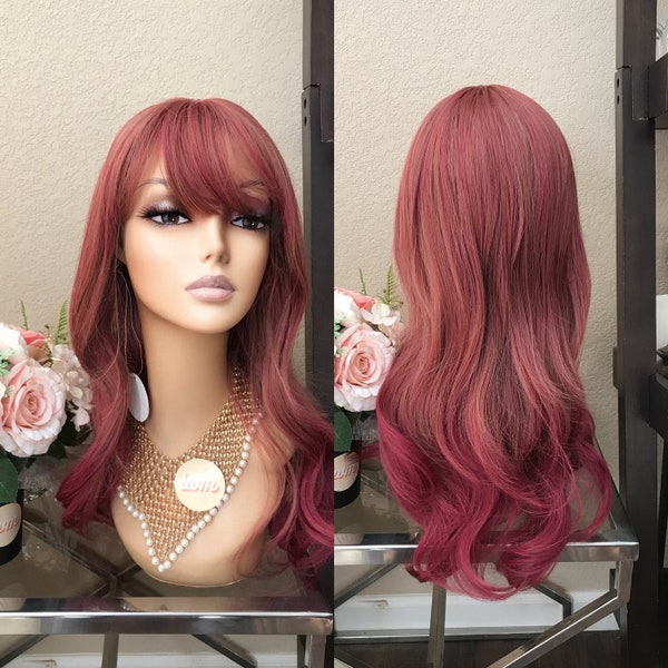 20''Burgundy Wine Red wavy wig with bang | Little Wig Museum alopeica chemo wig, cosplay costume wig Handmade wigs Glueless Wigs