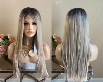 Malmö -24'' lace front straight dark root blonde synthetic wig  | Little Wig Museum alopeica chemo wig Handmade wigs Glueless Wigs